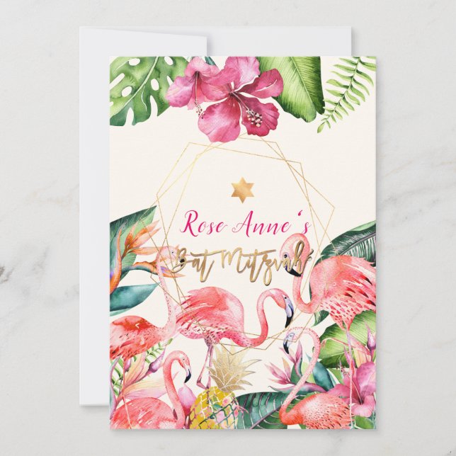 Invitación PixDezines Flamingo Tropical Rosa Mitzvah (Anverso)