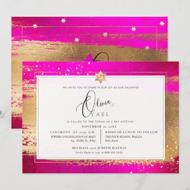 Invitación PixDezines FLASHY PINK GOLD BRUSHSTROKE Mitzvah (Anverso / Reverso)