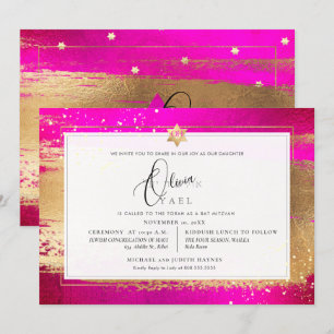 Invitación PixDezines FLASHY PINK GOLD BRUSHSTROKE Mitzvah
