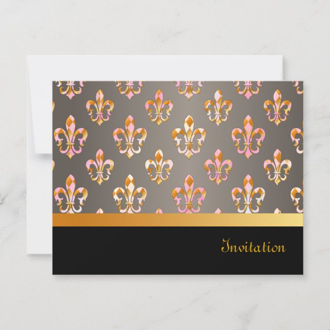 Invitación PixDezines Fleur de Lis/negro + dorado + rosa post (Anverso)