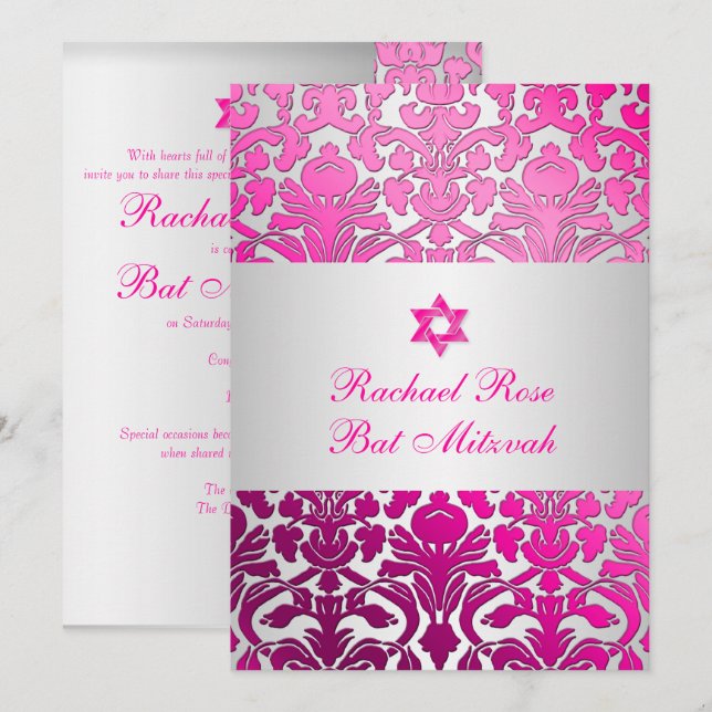 Invitación PixDezines Flora Damask Bat Mitzvah/Pink/Silver (Anverso / Reverso)