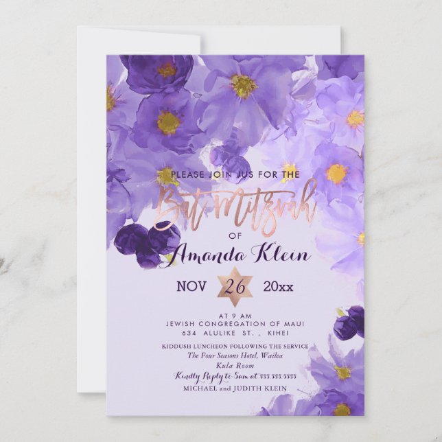 Invitación PixDezines Floral Watercolor Bat Mitzvah (Anverso)