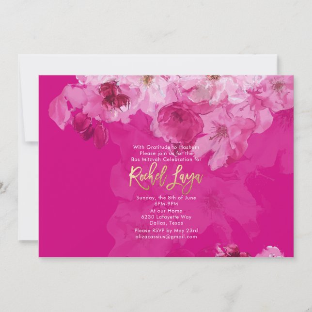Invitación PixDezines Floral Watercolor Bat Mitzvah (Anverso)