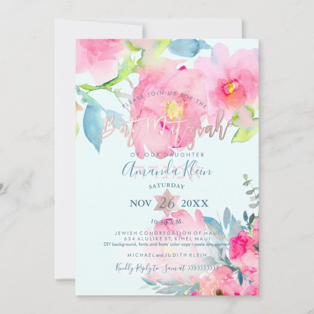 Invitación PixDezines Floral Watercolor Bat Mitzvah (Anverso)