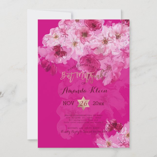 Invitación PixDezines Floral Watercolor Bat Mitzvah (Anverso)