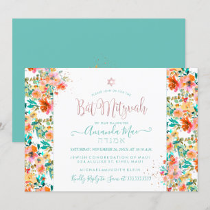 Invitación PixDezines Floral Watercolor Bat Mitzvah, Naranja