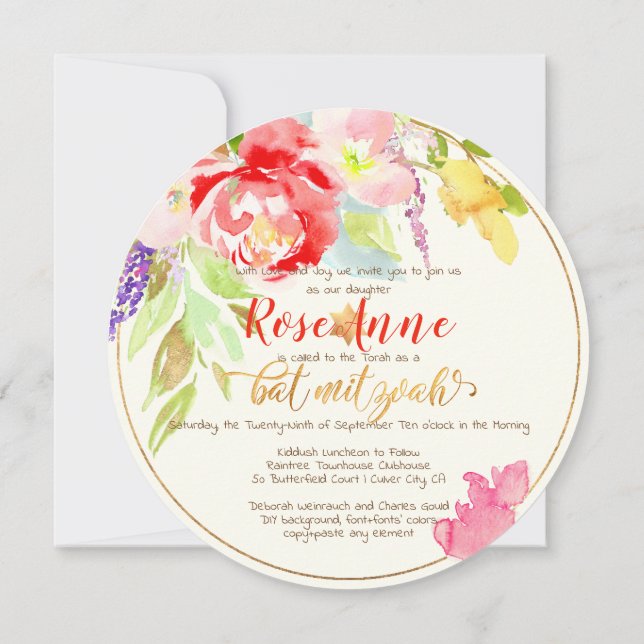 Invitación PixDezines Floral Watercolor Bat Mitzvah, Peonies (Reverso)