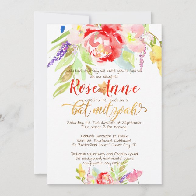 Invitación PixDezines Flores Acuarela Primavera Bat Mitzvah (Reverso)