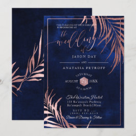 Invitación PixDezines Frondas de palma dorado rosa + H2O Azul