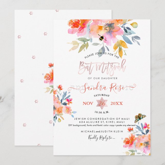 Invitación PixDezines Garden Roses Watercolor Bat Mitzvah (Anverso / Reverso)