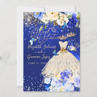 Invitación PixDezines gemelos dulce 16 oro azul real