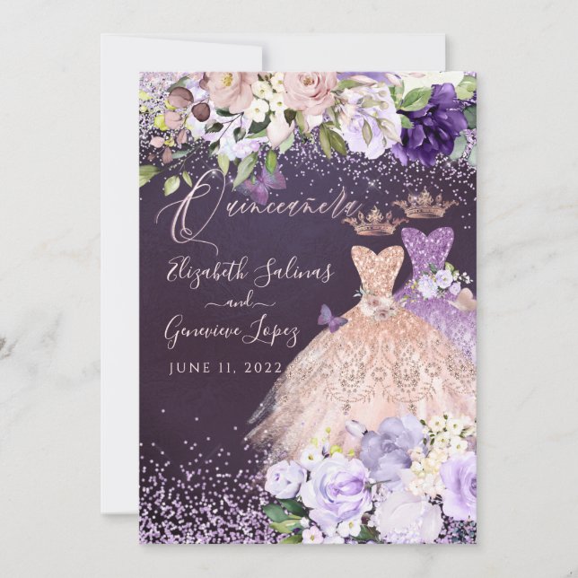 Invitación PixDezines gemelos Quinceanera RoseGold Dusty Purp (Anverso)