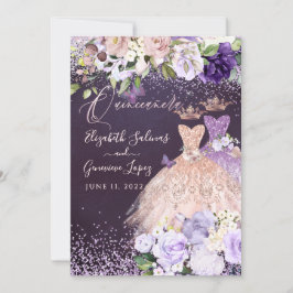 Invitación PixDezines gemelos Quinceanera RoseGold Dusty Purp