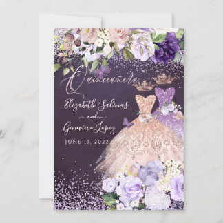 Invitación PixDezines gemelos Quinceanera RoseGold Dusty Purp