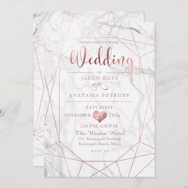 Invitación PixDezines Gemstone+Marble/Faux Rosa Gold/Boda (Anverso / Reverso)