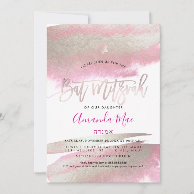 Invitación PixDezines Glam cepillado rosa+platino Bat Mitzvah (Anverso)