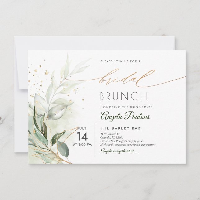 Invitación PixDezines Green Gold Eucalyptus Bridal Brunch Inv (Anverso)