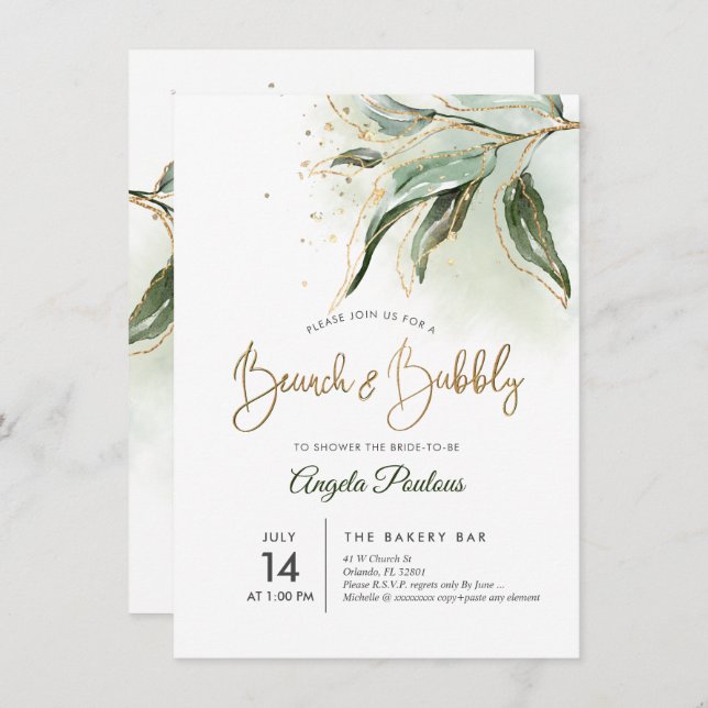 Invitación PixDezines Green Gold Eucalyptus Brunch Bubbly (Anverso / Reverso)
