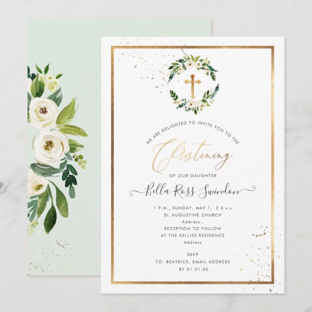 Invitación PixDezines Greenery Watercolor Blanco Roses Wreath (Anverso / Reverso)