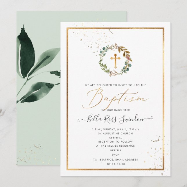 Invitación PixDezines Greenery Watercolor Wreath invierno (Anverso / Reverso)