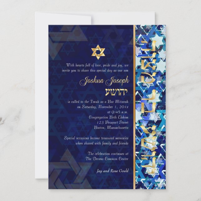 Invitación PixDezines grunge stars/Bar Mitzvah/azul oscuro/or (Anverso)