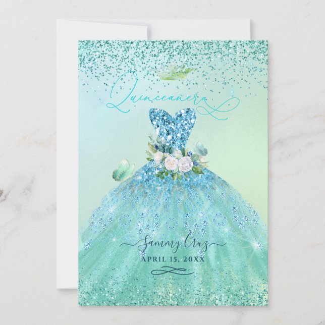 Invitación PixDezines Guiso de Purpurina Verde azulado Quince (Anverso)