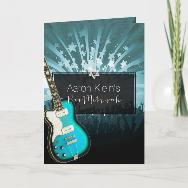 Invitación PixDezines guitarra verde azulada/foto/bar mitzvah (Anverso)