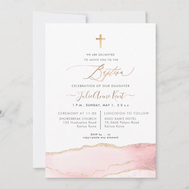 Invitación PixDezines H2 Agata Rosa Pastel Dorado Bautizo (Anverso)