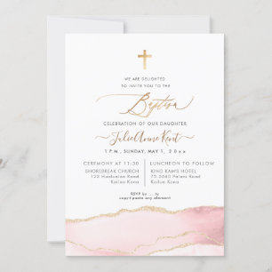 Invitación PixDezines H2 Agata Rosa Pastel Dorado Bautizo