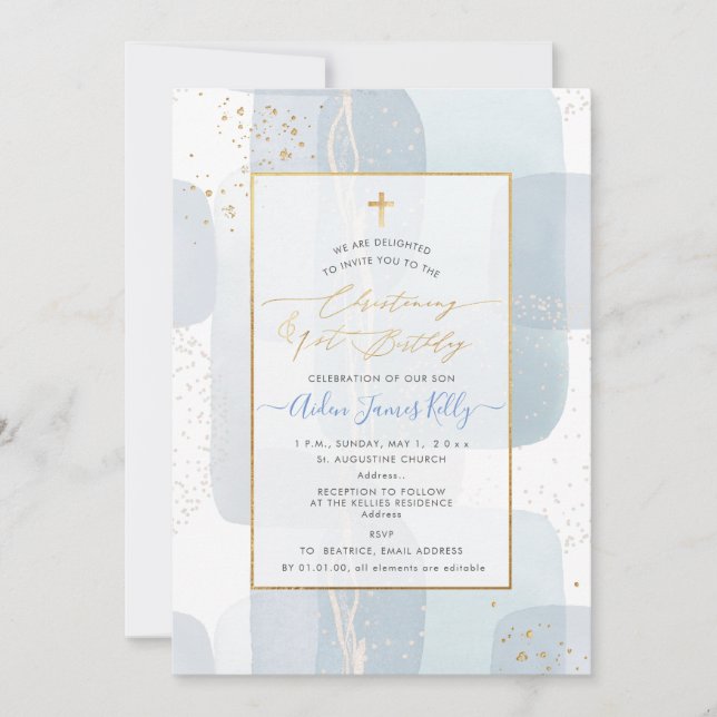 Invitación PixDezines H2 Azul Bautizo+1er Cumpleaños (Anverso)