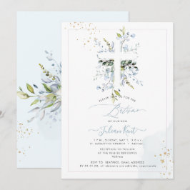 Invitación PixDezines H2 Azul Polvoriento Eucalipto Batismo