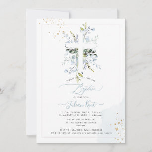 Invitación PixDezines H2 Azul Polvoriento Eucalipto Bautizo