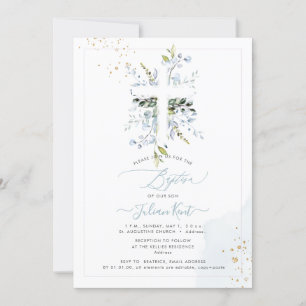 Invitación PixDezines H2 Azul Polvoriento Eucalipto Bautizo