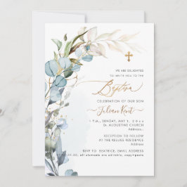 Invitación PixDezines H2 Azul Polvoriento Foliage Bautizo