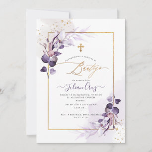 Invitación PixDezines H2 Berenjena Bautizo de Eucalipto