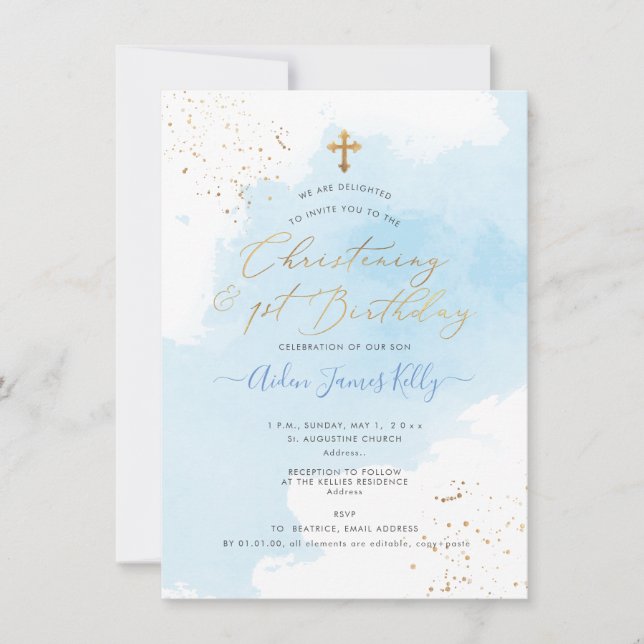 Invitación PixDezines H2 Blue Christening+1er Cumpleaños (Anverso)