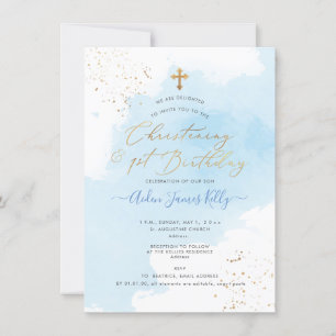 Invitación PixDezines H2 Blue Christening+1er Cumpleaños