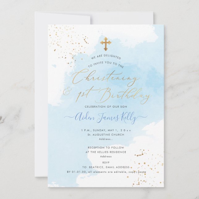 Invitación PixDezines H2 Blue Christening+1er Cumpleaños (Anverso)