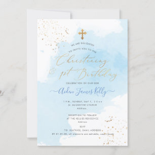Invitación PixDezines H2 Blue Christening+1er Cumpleaños