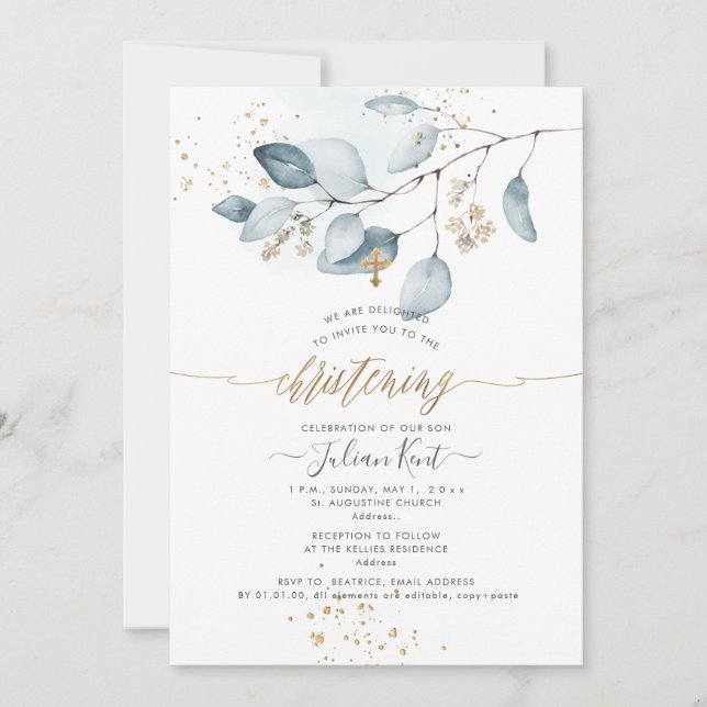 Invitación PixDezines H2 Blue Gum Eucalipto Bautizo (Anverso)