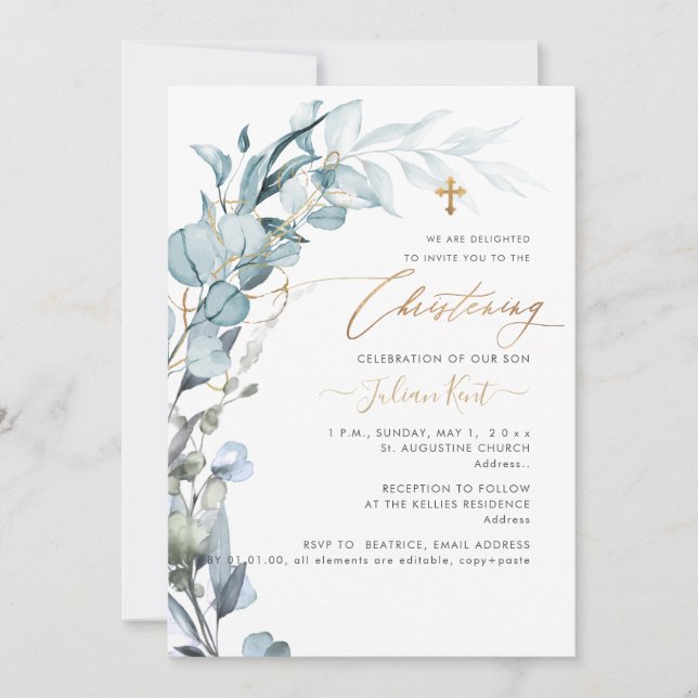 Invitación PixDezines H2 Blue Gum Eucalyptus Christening (Anverso)