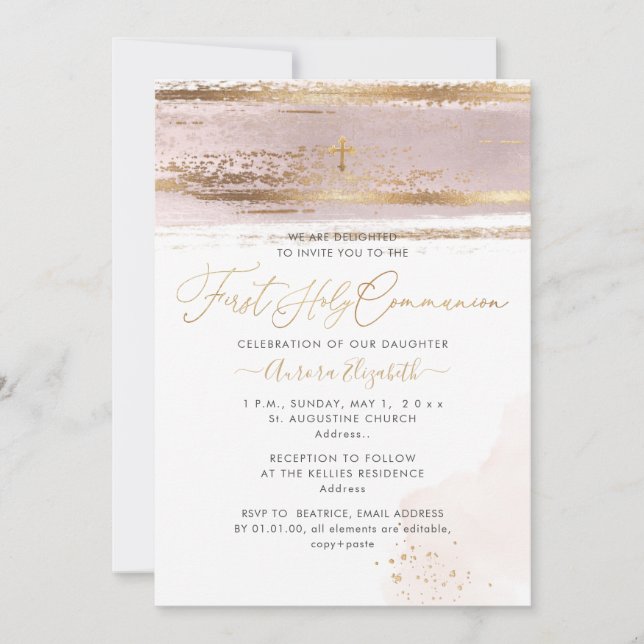 Invitación PixDezines H2 Blush Pink First Holy Communion Invi (Anverso)