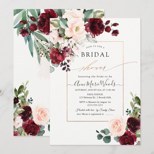Invitación PixDezines H2 Burgundy Rubor Bridal Shower (Anverso / Reverso)