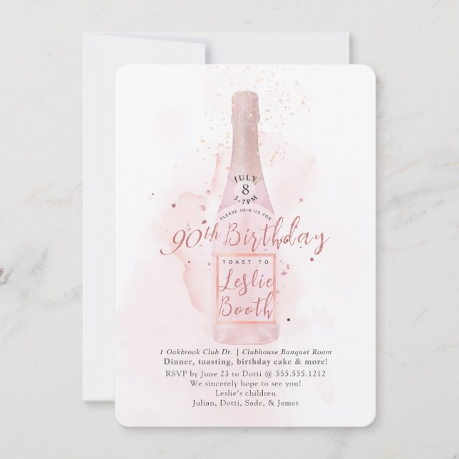 Invitación PixDezines H2 Champán Rosa 90 Cumpleaños (Anverso)