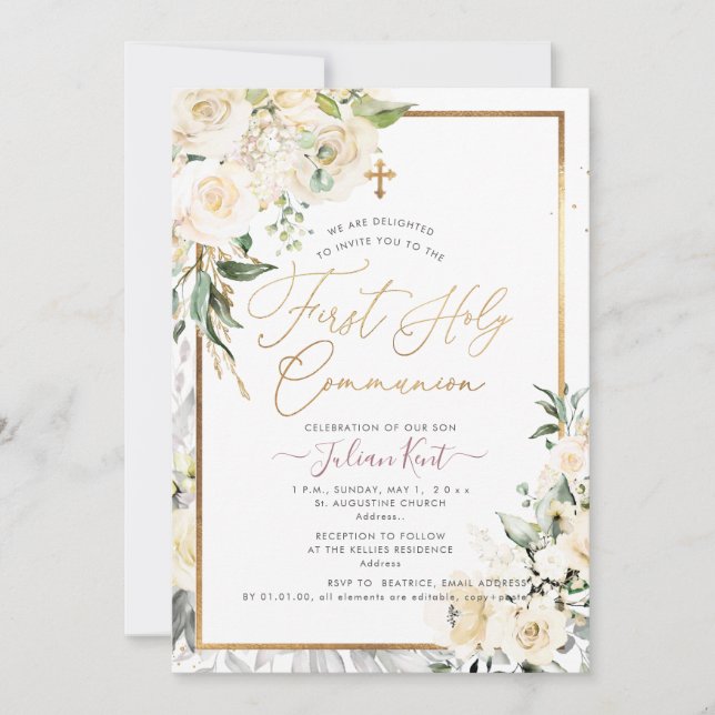 Invitación PixDezines H2 Cream Rosa Primera Santa Comunión (Anverso)