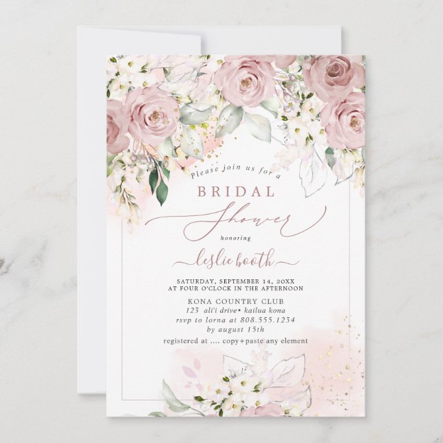 Invitación PixDezines H2 Dusty Roses rosados Ducha de novia (Anverso)