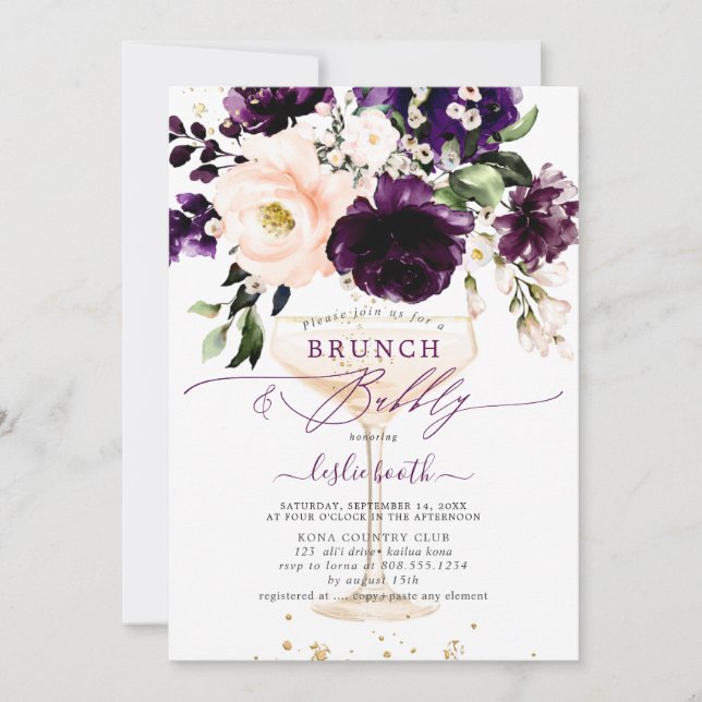 Invitación PixDezines H2 Eggplant Peonies Rosa BrunchBubbly (Anverso)