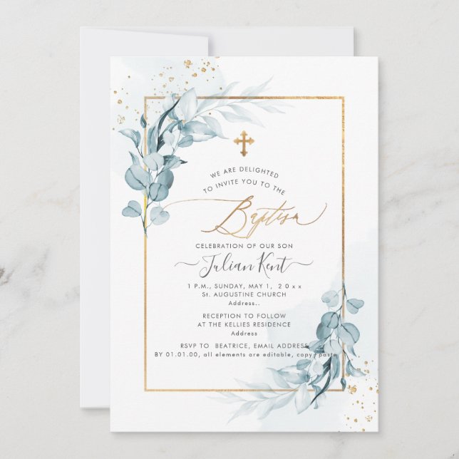 Invitación PixDezines H2 Eucalipto Azul Bautizo (Anverso)
