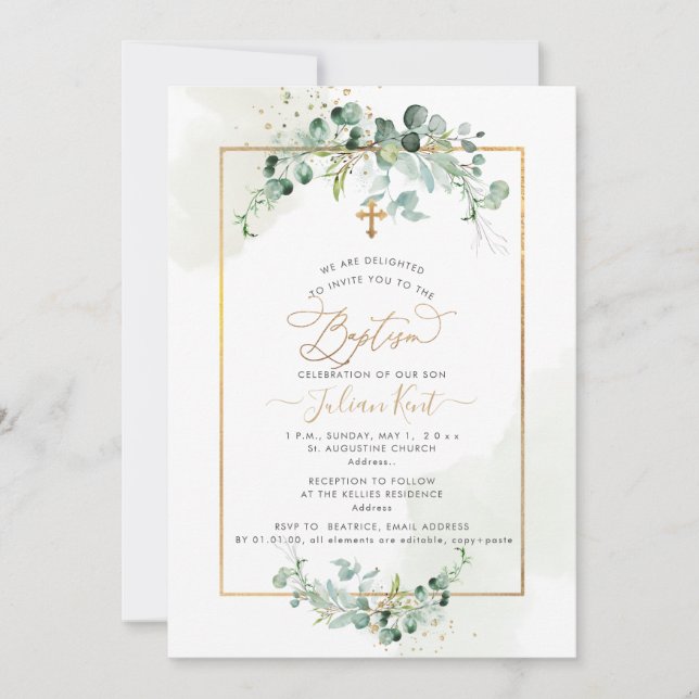 Invitación PixDezines H2 Eucalipto Bautizo (Anverso)