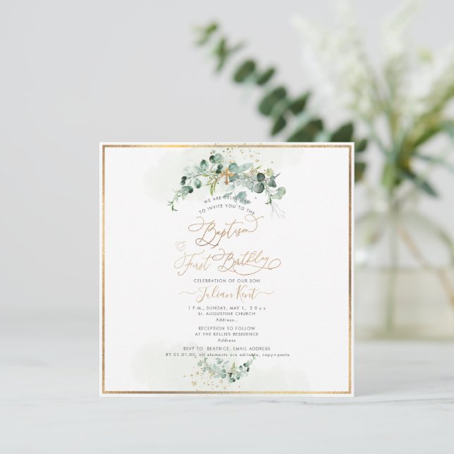 Invitación PixDezines H2 Eucalipto Bautizo Primer Cumpleaños (Anverso de pie)